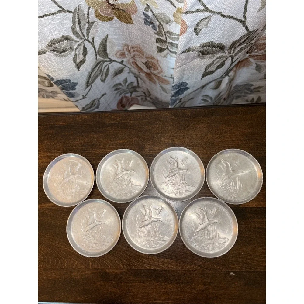 Vtg Round Aluminum Pressed Metal Duck Marsh Scene Coasters 3.25